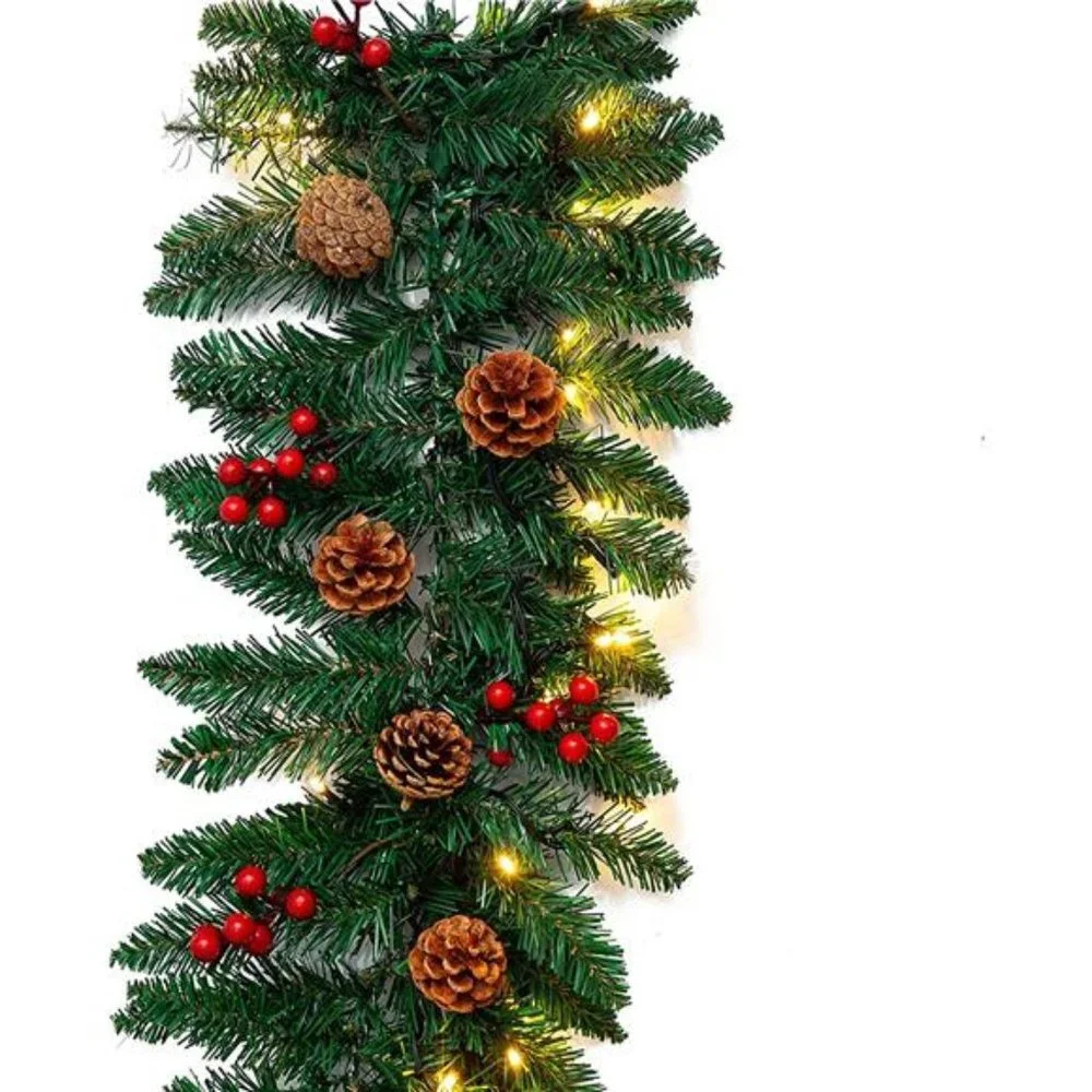 9Ft Christmas Garland Prelit with 100 LED Lights, 27 Pine Cones, 27 Red Berries